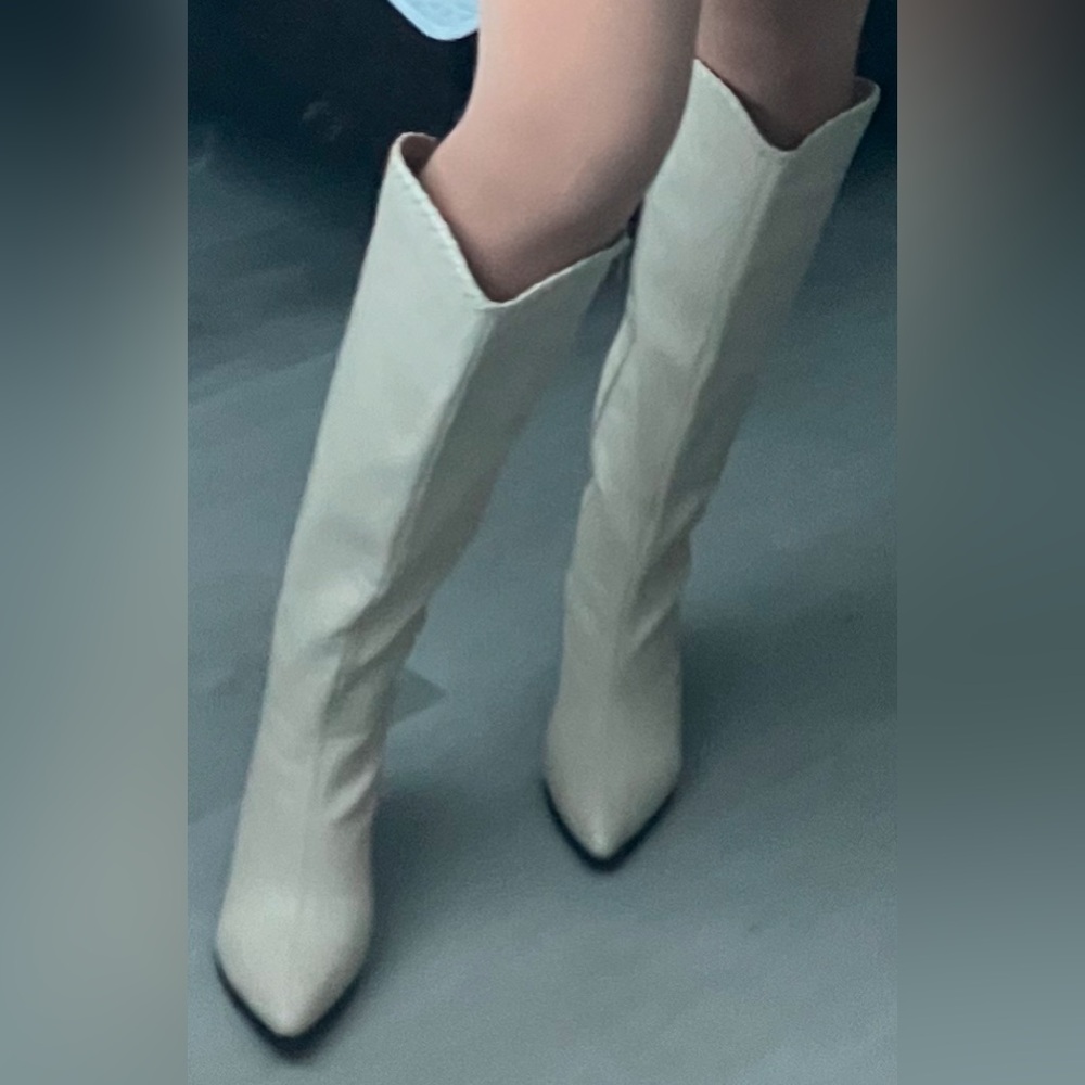 Cream knee high cowboy boots, faux leather, size 9